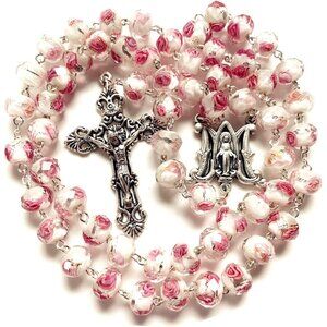 Rose Pink Veluriyam Rosary Beads Catholic Necklace Gift Box